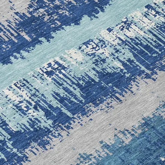 8' Blue Gray And Ivory Round Striped Washable Indoor Outdoor Area Rug Photo 8
