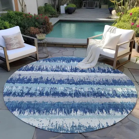 8' Blue Gray And Ivory Round Striped Washable Indoor Outdoor Area Rug Photo 6