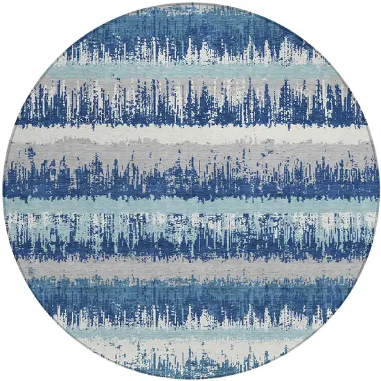 8' Blue Gray And Ivory Round Striped Washable Indoor Outdoor Area Rug Photo 2