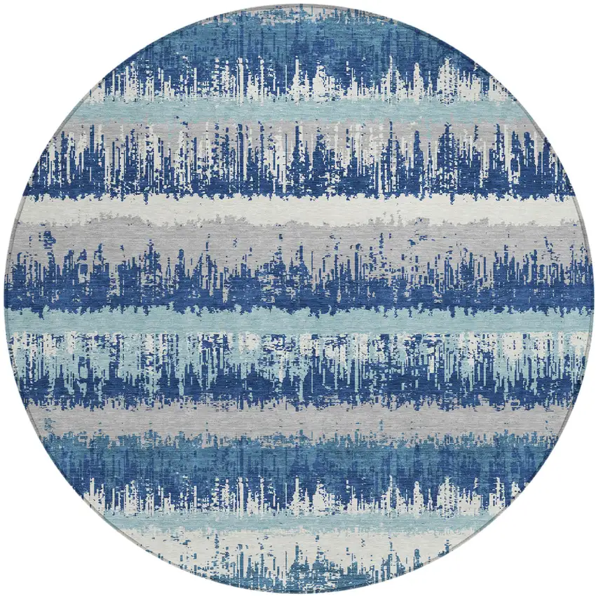 8' Blue Gray And Ivory Round Striped Washable Indoor Outdoor Area Rug Photo 2
