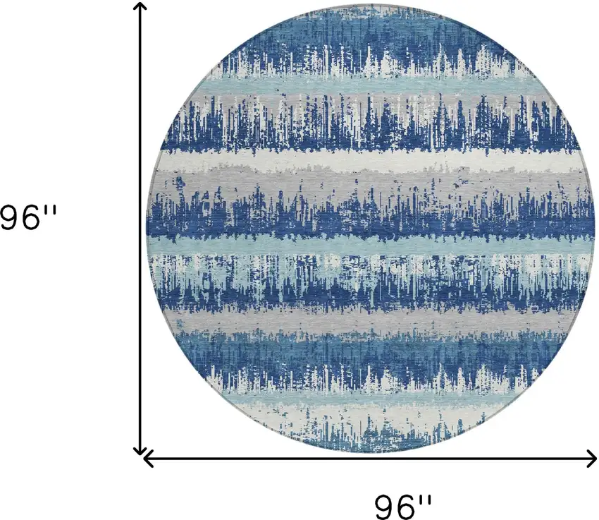 8' Blue Gray And Ivory Round Striped Washable Indoor Outdoor Area Rug Photo 3