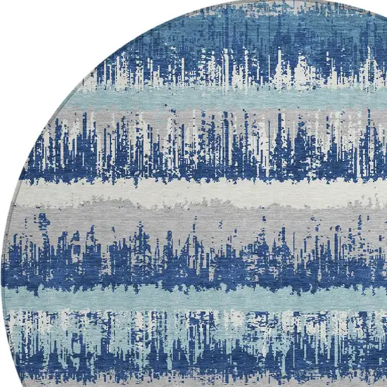 8' Blue Gray And Ivory Round Striped Washable Indoor Outdoor Area Rug Photo 4