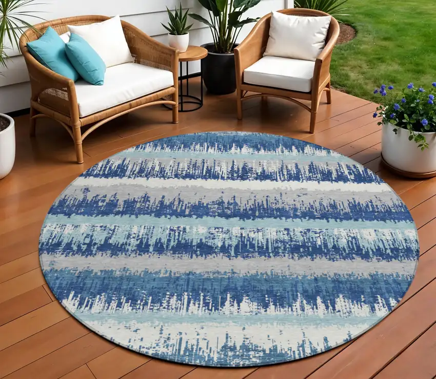 8' Blue Gray And Ivory Round Striped Washable Indoor Outdoor Area Rug Photo 1