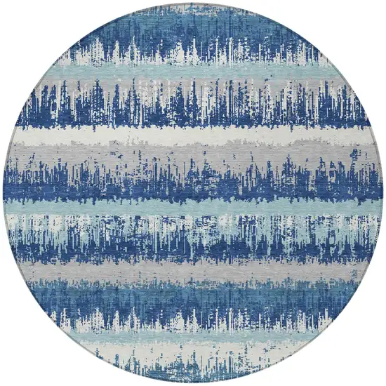 8' Blue Gray And Ivory Round Striped Washable Indoor Outdoor Area Rug Photo 5