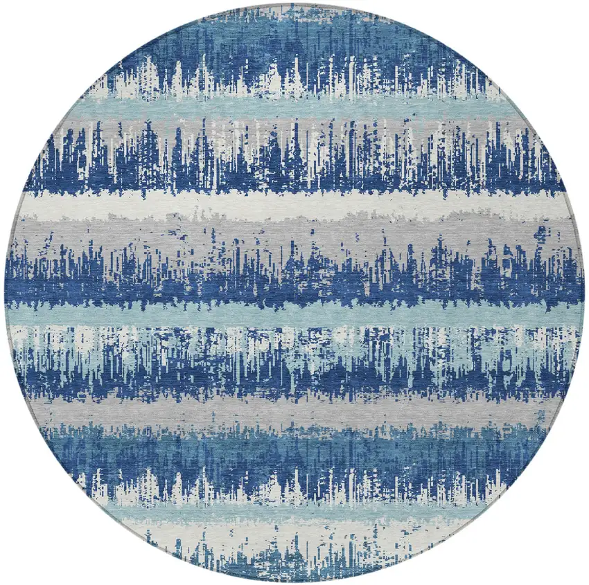 8' Blue Gray And Ivory Round Striped Washable Indoor Outdoor Area Rug Photo 5