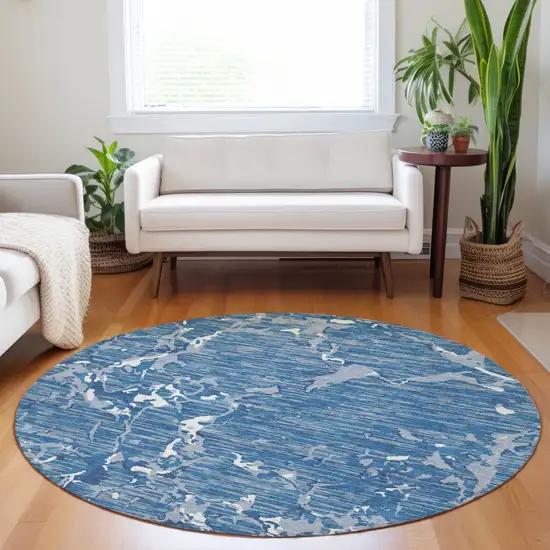 8' Blue Gray And Ivory Round Striped Washable Indoor Outdoor Area Rug Photo 8