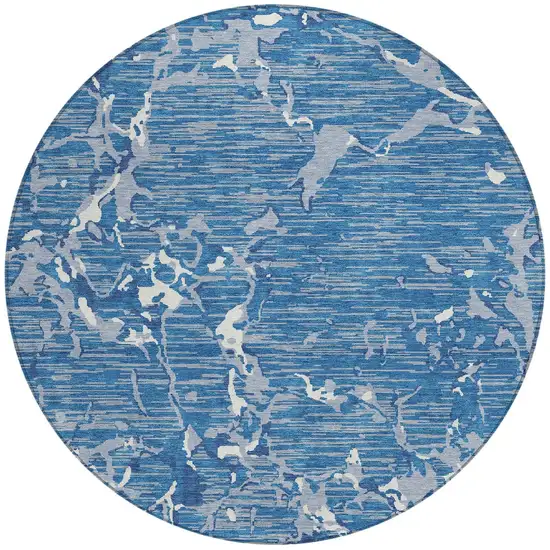 8' Blue Gray And Ivory Round Striped Washable Indoor Outdoor Area Rug Photo 6