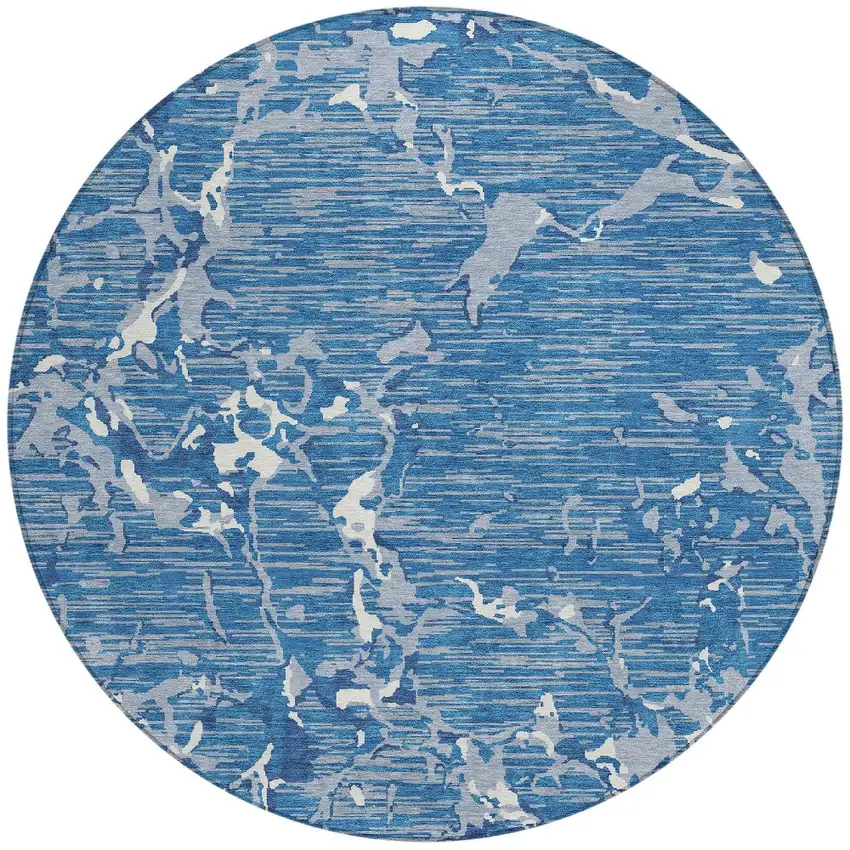 8' Blue Gray And Ivory Round Striped Washable Indoor Outdoor Area Rug Photo 6