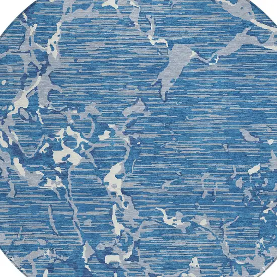 8' Blue Gray And Ivory Round Striped Washable Indoor Outdoor Area Rug Photo 5