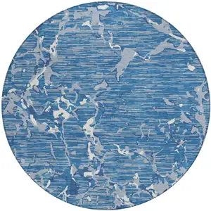 Photo of 8' Blue Gray And Ivory Round Striped Washable Indoor Outdoor Area Rug