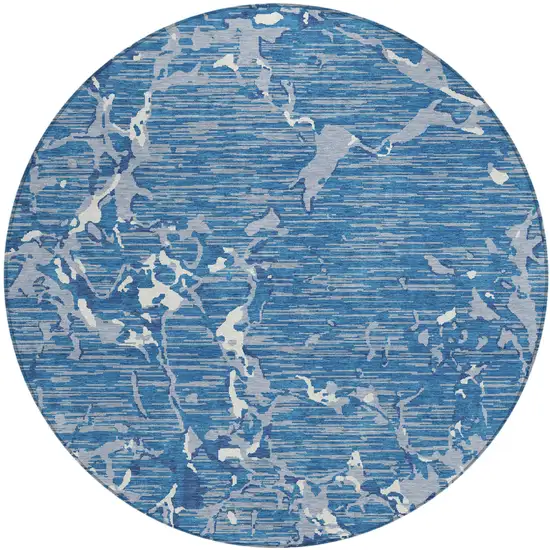 8' Blue Gray And Ivory Round Striped Washable Indoor Outdoor Area Rug Photo 2