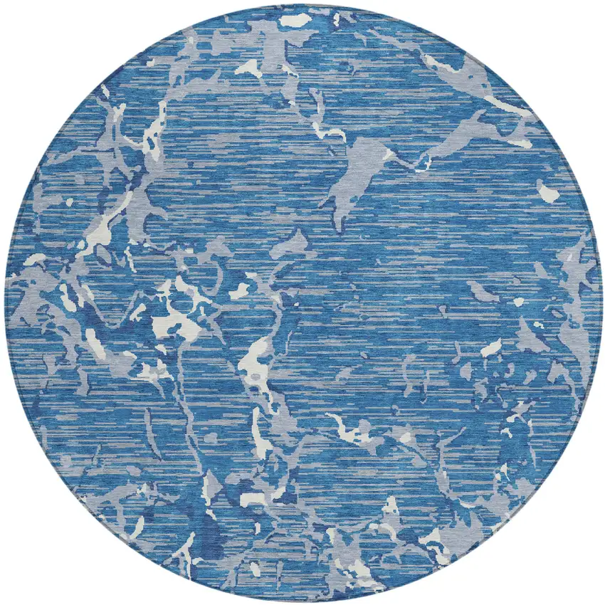 8' Blue Gray And Ivory Round Striped Washable Indoor Outdoor Area Rug Photo 2