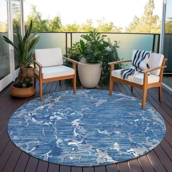 8' Blue Gray And Ivory Round Striped Washable Indoor Outdoor Area Rug Photo 7