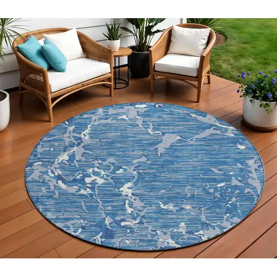 8' Blue Gray And Ivory Round Striped Washable Indoor Outdoor Area Rug Photo 1