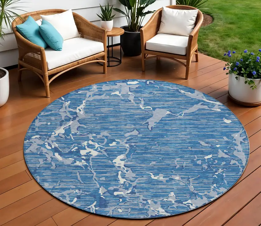 8' Blue Gray And Ivory Round Striped Washable Indoor Outdoor Area Rug Photo 1