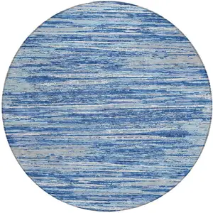 Photo of 8' Blue Gray And Ivory Round Striped Washable Indoor Outdoor Area Rug