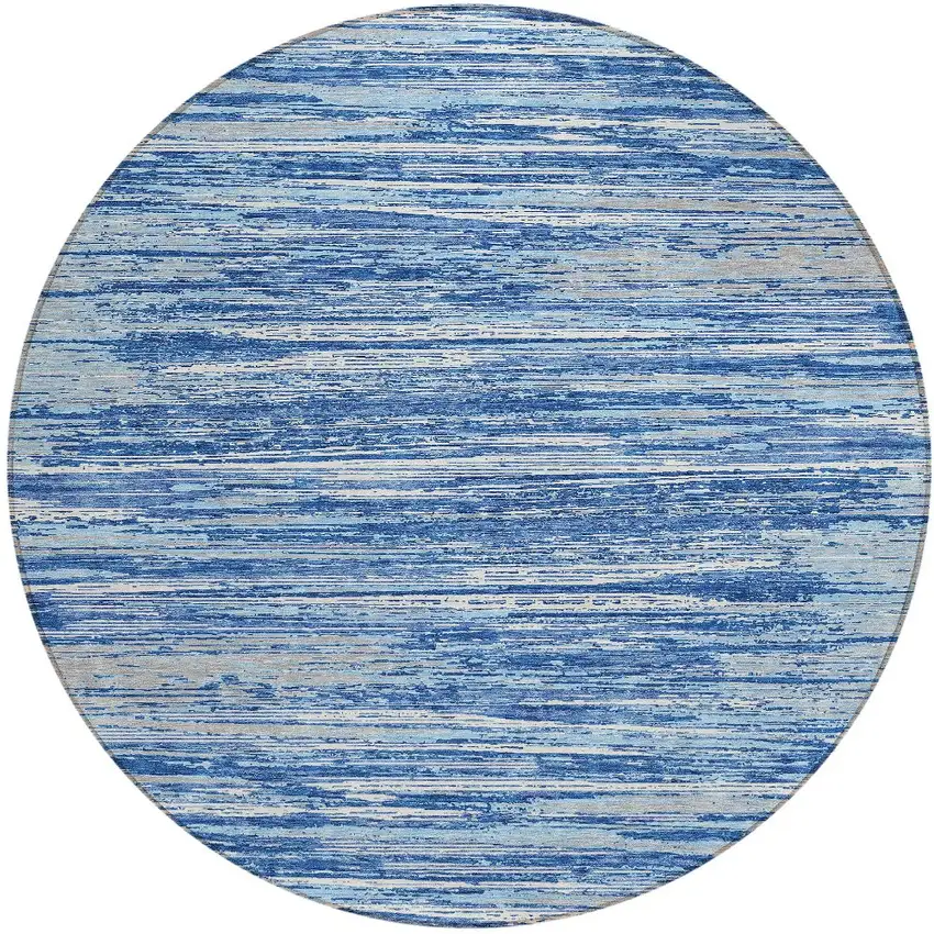 8' Blue Gray And Ivory Round Striped Washable Indoor Outdoor Area Rug Photo 5
