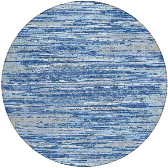 8' Blue Gray And Ivory Round Striped Washable Indoor Outdoor Area Rug Photo 5