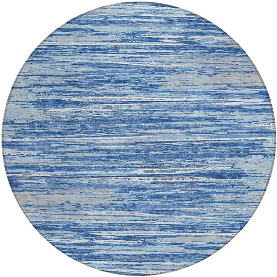 8' Blue Gray And Ivory Round Striped Washable Indoor Outdoor Area Rug Photo 2