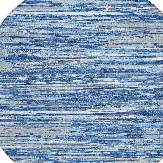 8' Blue Gray And Ivory Round Striped Washable Indoor Outdoor Area Rug Photo 4