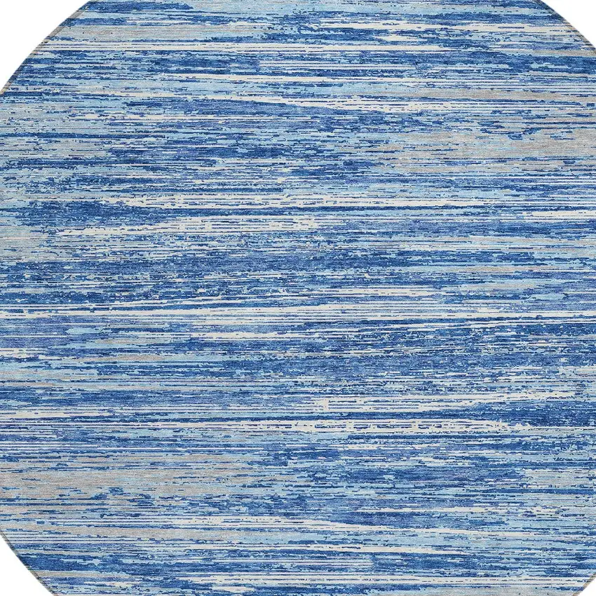 8' Blue Gray And Ivory Round Striped Washable Indoor Outdoor Area Rug Photo 4
