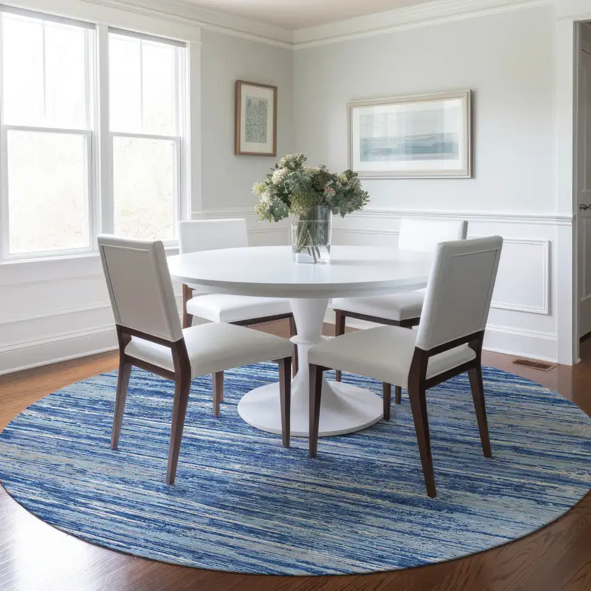 8' Blue Gray And Ivory Round Striped Washable Indoor Outdoor Area Rug Photo 7