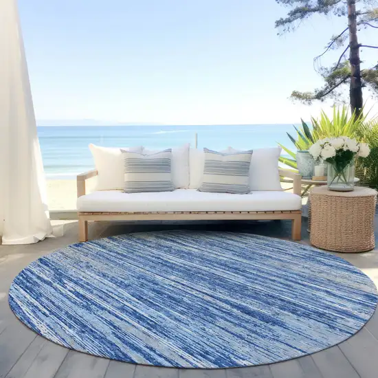 8' Blue Gray And Ivory Round Striped Washable Indoor Outdoor Area Rug Photo 6
