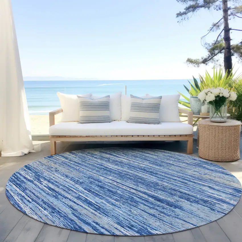 8' Blue Gray And Ivory Round Striped Washable Indoor Outdoor Area Rug Photo 6