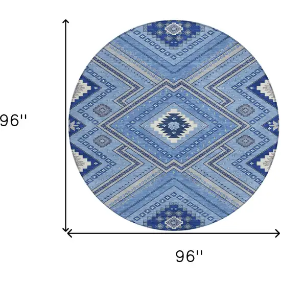 8' Blue Gray And Ivory Round Tribal Washable Indoor Outdoor Area Rug Photo 3