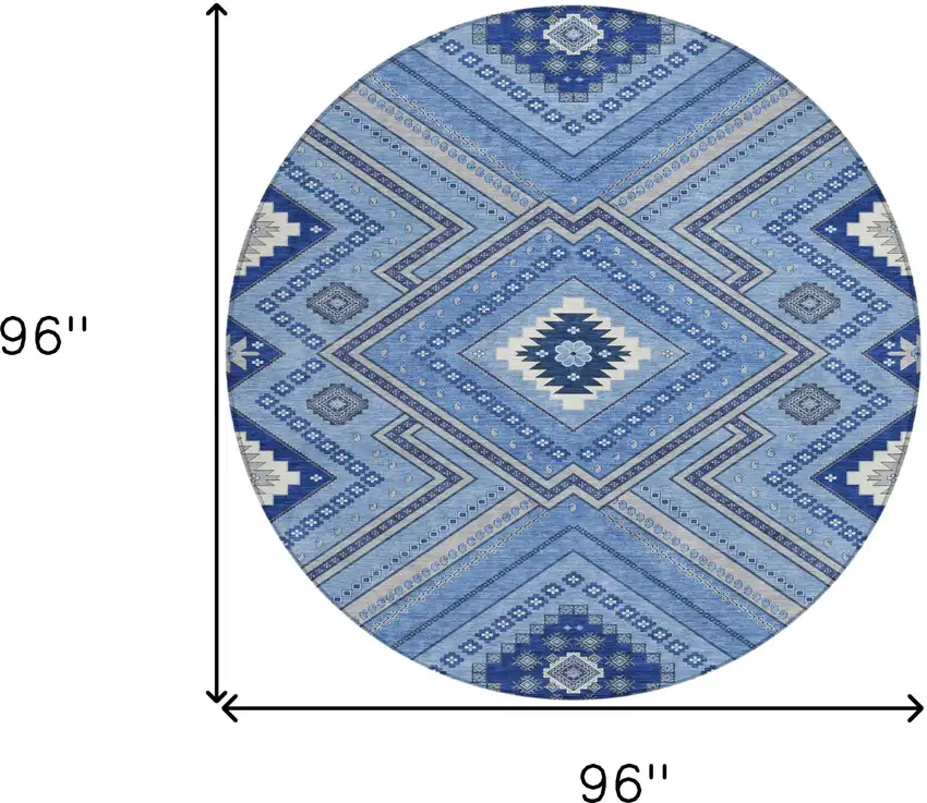 8' Blue Gray And Ivory Round Tribal Washable Indoor Outdoor Area Rug Photo 3