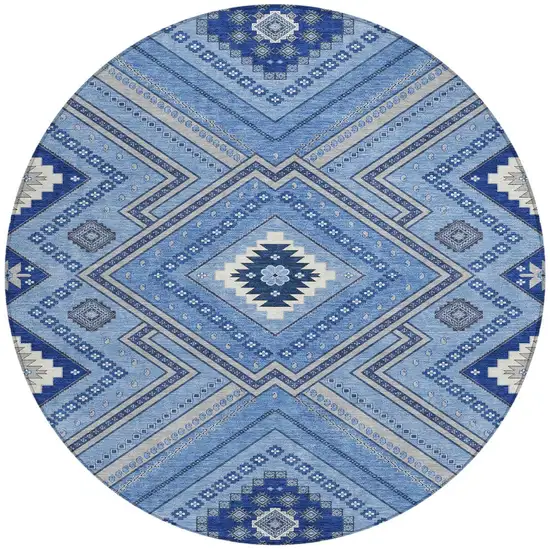 8' Blue Gray And Ivory Round Tribal Washable Indoor Outdoor Area Rug Photo 5