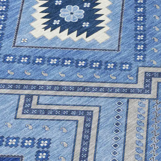 8' Blue Gray And Ivory Round Tribal Washable Indoor Outdoor Area Rug Photo 4