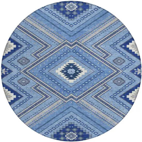 8' Blue Gray And Ivory Round Tribal Washable Indoor Outdoor Area Rug Photo 2