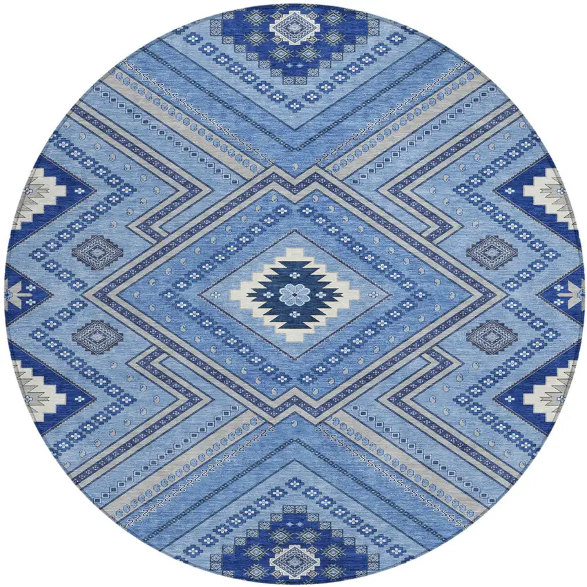 8' Blue Gray And Ivory Round Tribal Washable Indoor Outdoor Area Rug Photo 2
