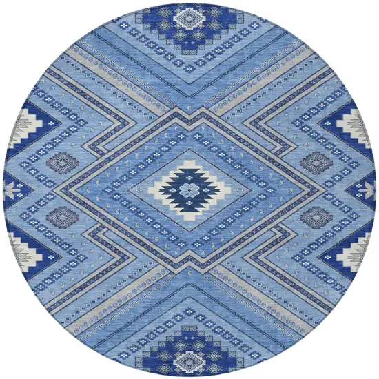 8' Blue Gray And Ivory Round Tribal Washable Indoor Outdoor Area Rug Photo 6
