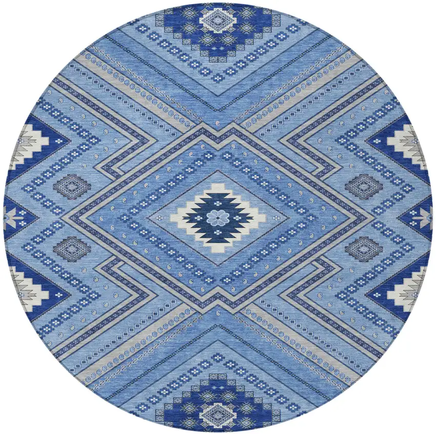 8' Blue Gray And Ivory Round Tribal Washable Indoor Outdoor Area Rug Photo 6