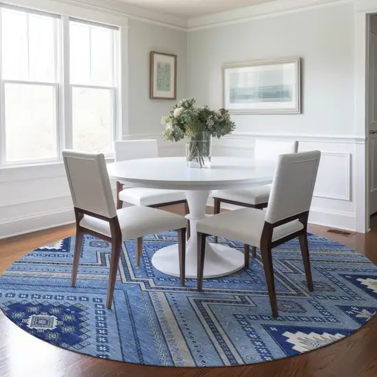 8' Blue Gray And Ivory Round Tribal Washable Indoor Outdoor Area Rug Photo 8