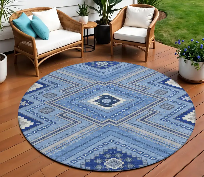 8' Blue Gray And Ivory Round Tribal Washable Indoor Outdoor Area Rug Photo 1