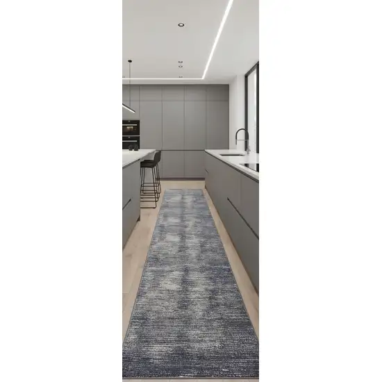 8' Blue Ivory And Gray Striped Distressed Runner Rug Photo 1