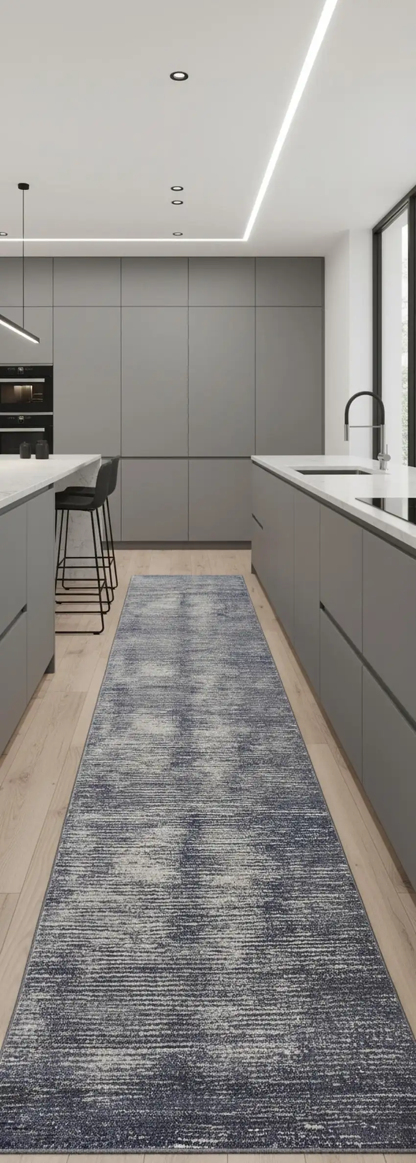 8' Blue Ivory And Gray Striped Distressed Runner Rug Photo 1