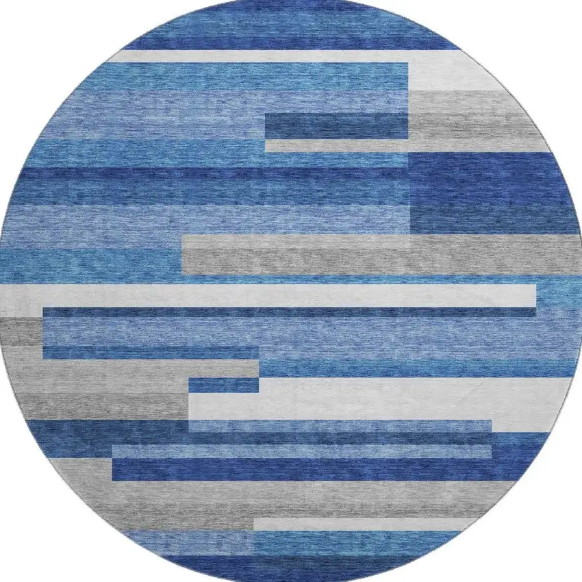 8' Blue Gray And Ivory Striped Washable Round Rug With UV Protection Photo 4