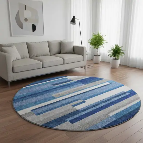 8' Blue Gray And Ivory Striped Washable Round Rug With UV Protection Photo 2
