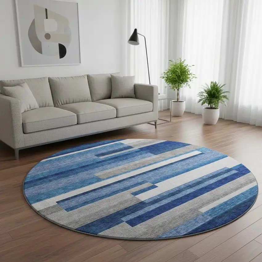 8' Blue Gray And Ivory Striped Washable Round Rug With UV Protection Photo 2