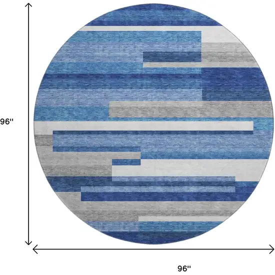8' Blue Gray And Ivory Striped Washable Round Rug With UV Protection Photo 3