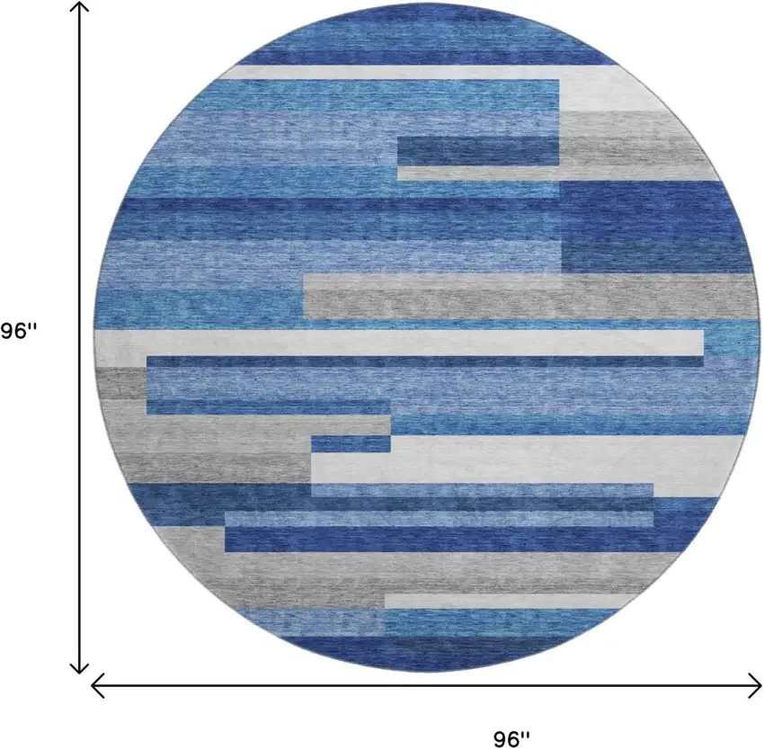 8' Blue Gray And Ivory Striped Washable Round Rug With UV Protection Photo 3