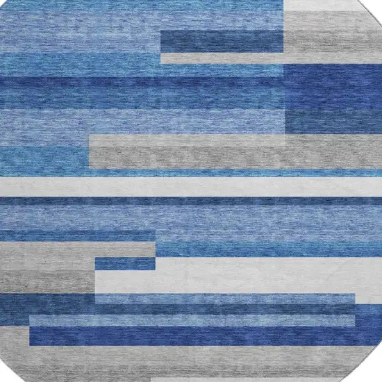 8' Blue Gray And Ivory Striped Washable Round Rug With UV Protection Photo 3