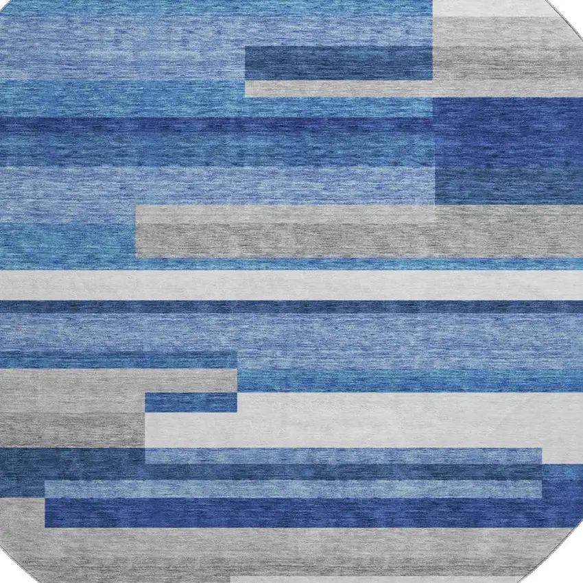 8' Blue Gray And Ivory Striped Washable Round Rug With UV Protection Photo 3