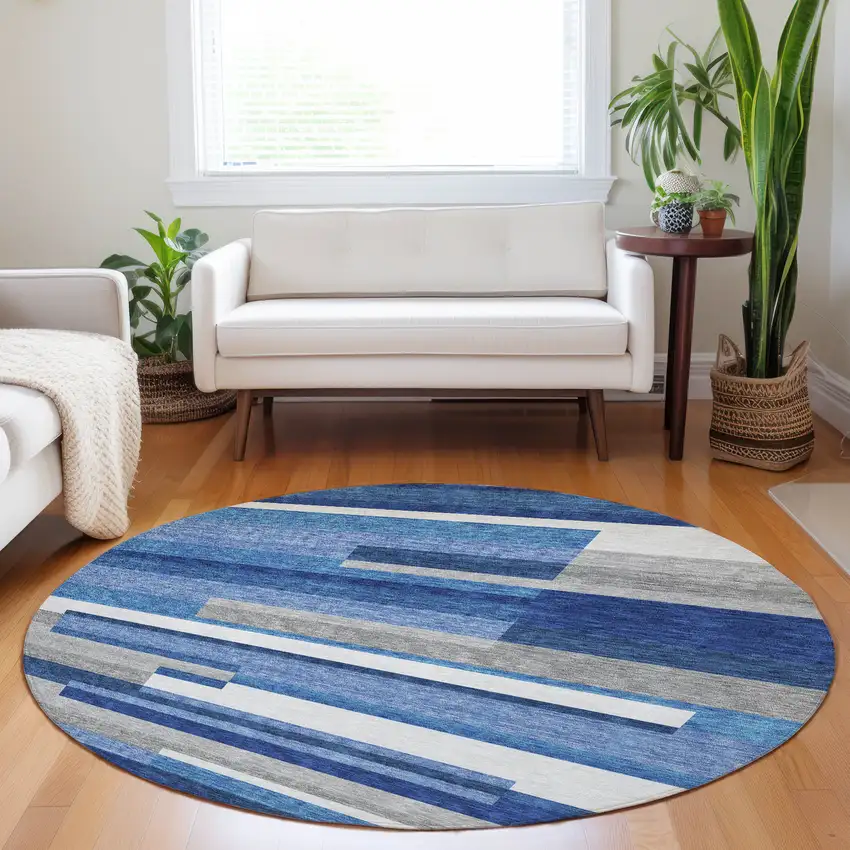 8' Blue Gray And Ivory Striped Washable Round Rug With UV Protection Photo 5