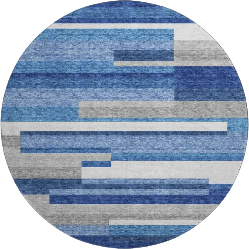 8' Blue Gray And Ivory Striped Washable Round Rug With UV Protection Photo 1