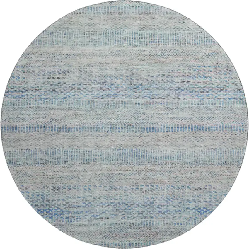 8' Blue Gray And Ivory Striped Washable Round Rug With UV Protection Photo 1